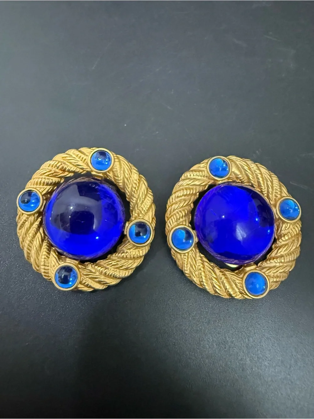 Vintage PARK LANE Gold-tone Royal Blue Cabochon Braided Rope Statement Earrings